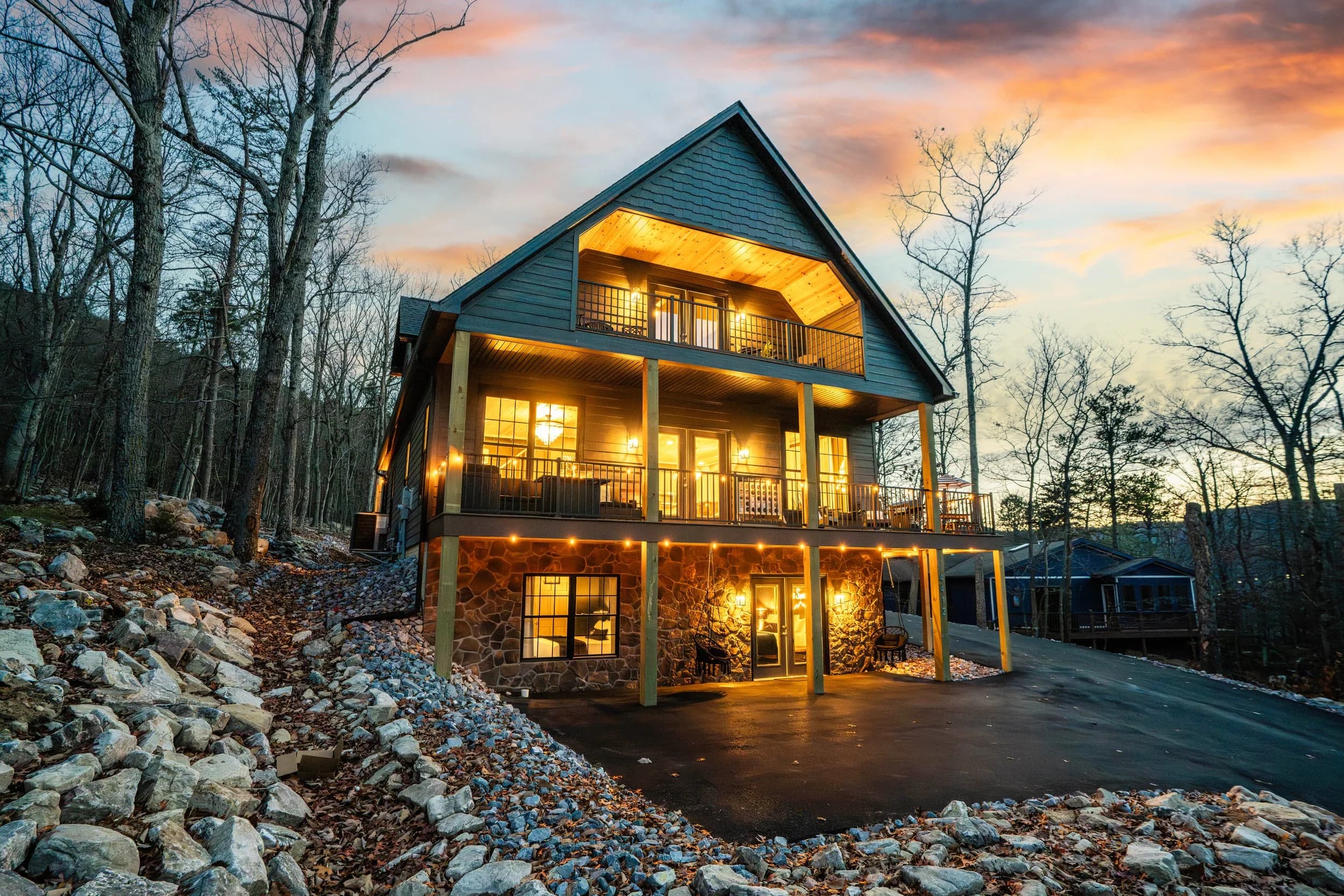 Black Diamond Retreat at twilight — designed by Reba Coleman