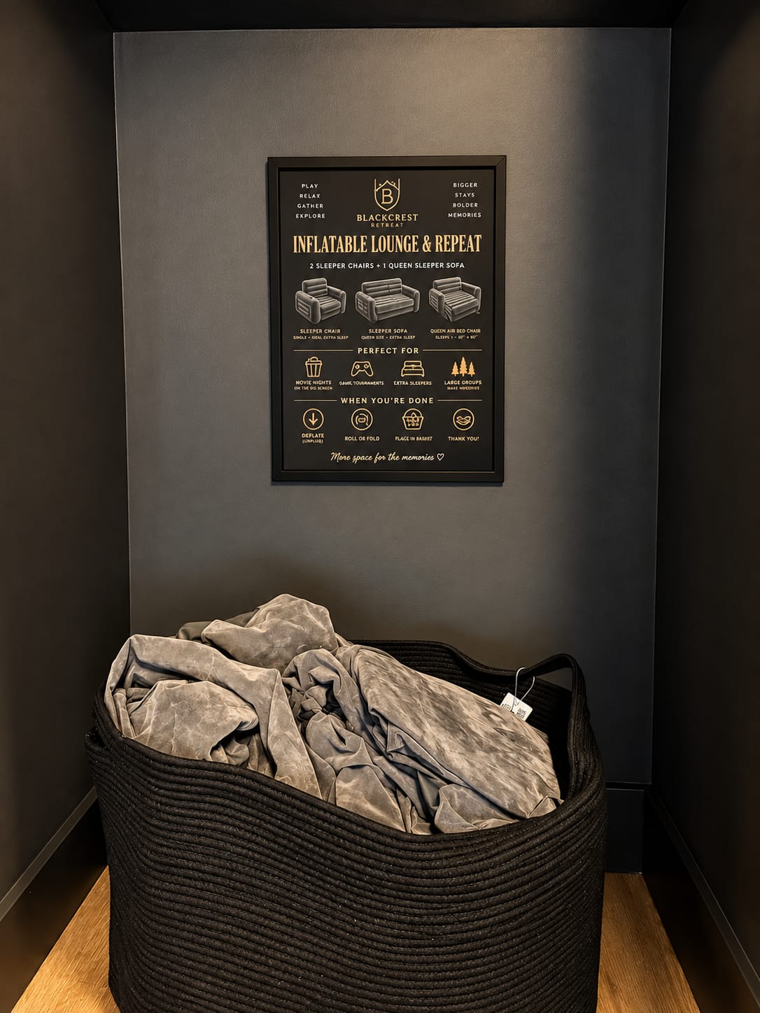Inflatable Lounge & Repeat signage above the sleeper chair basket