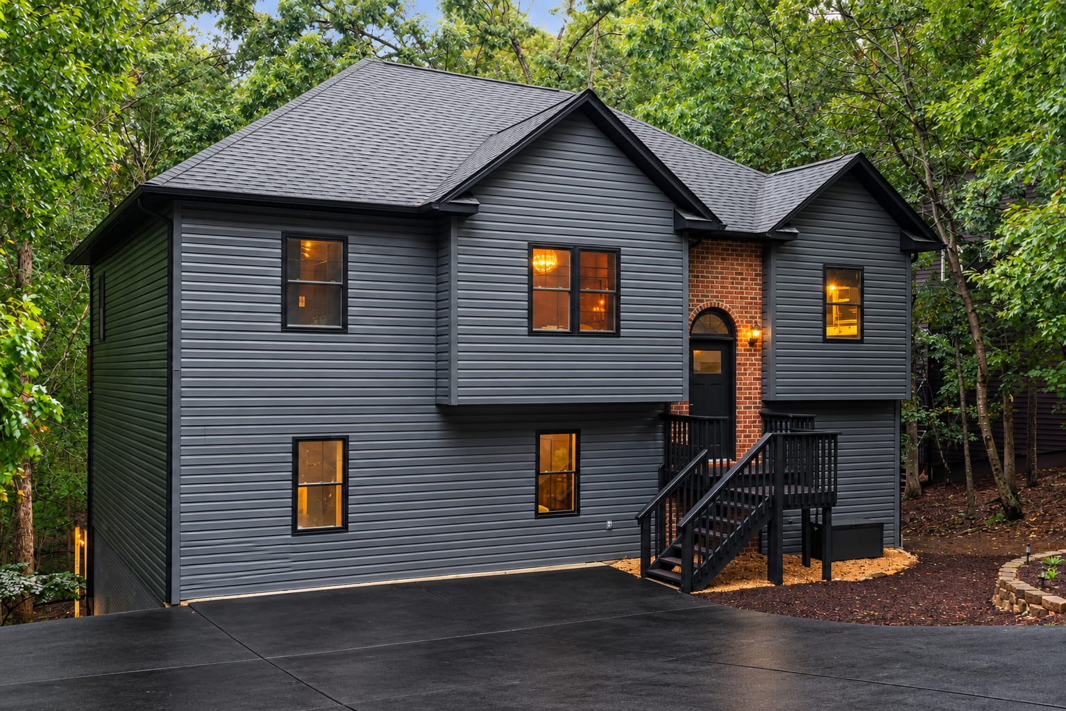 Blackcrest Retreat exterior at dusk