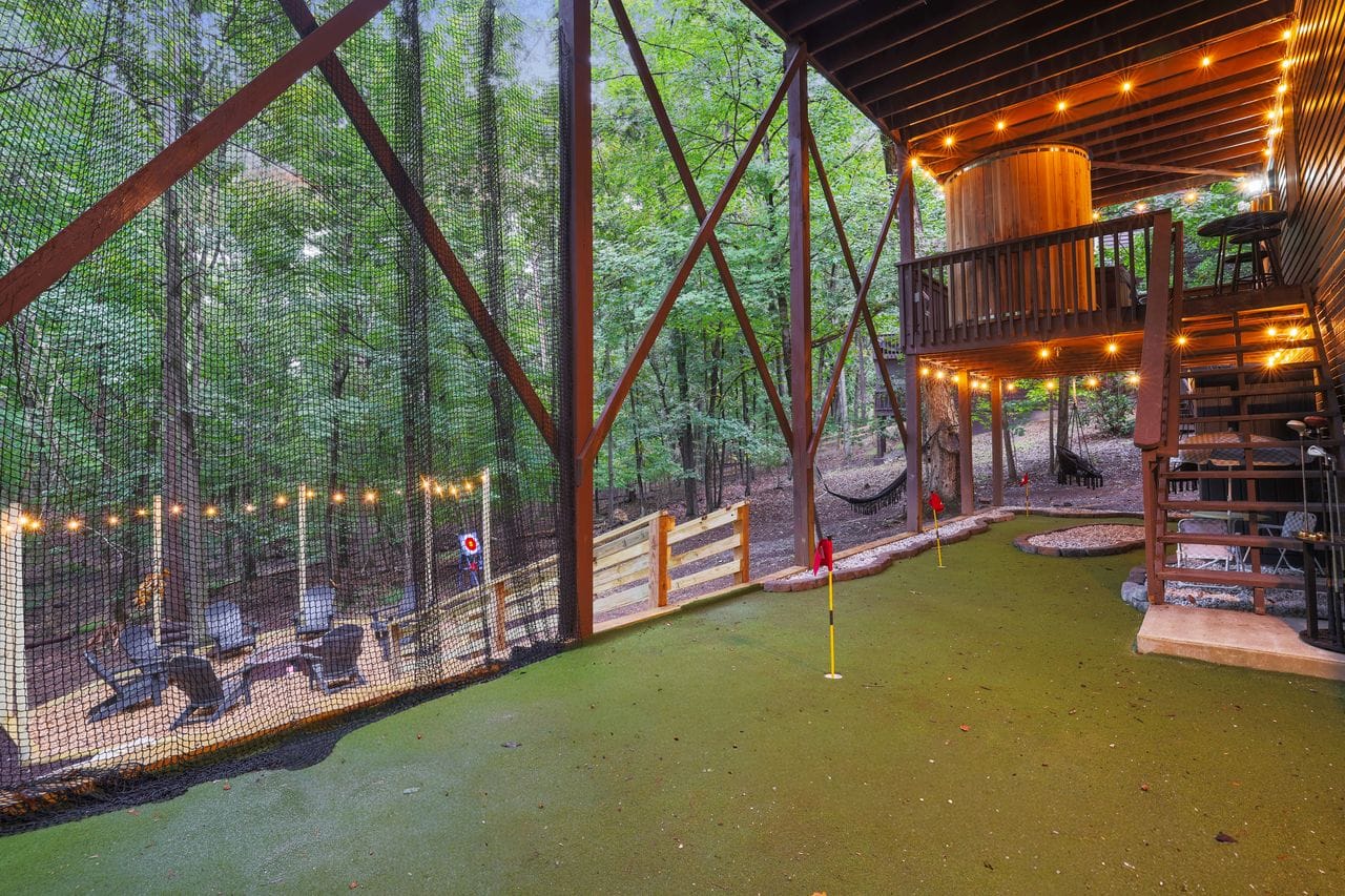 Golf hitting net and mini golf green