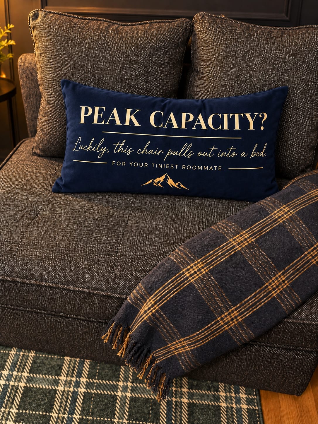 "Peak Capacity?" sleeper chair pillow detail in Peak Crest
