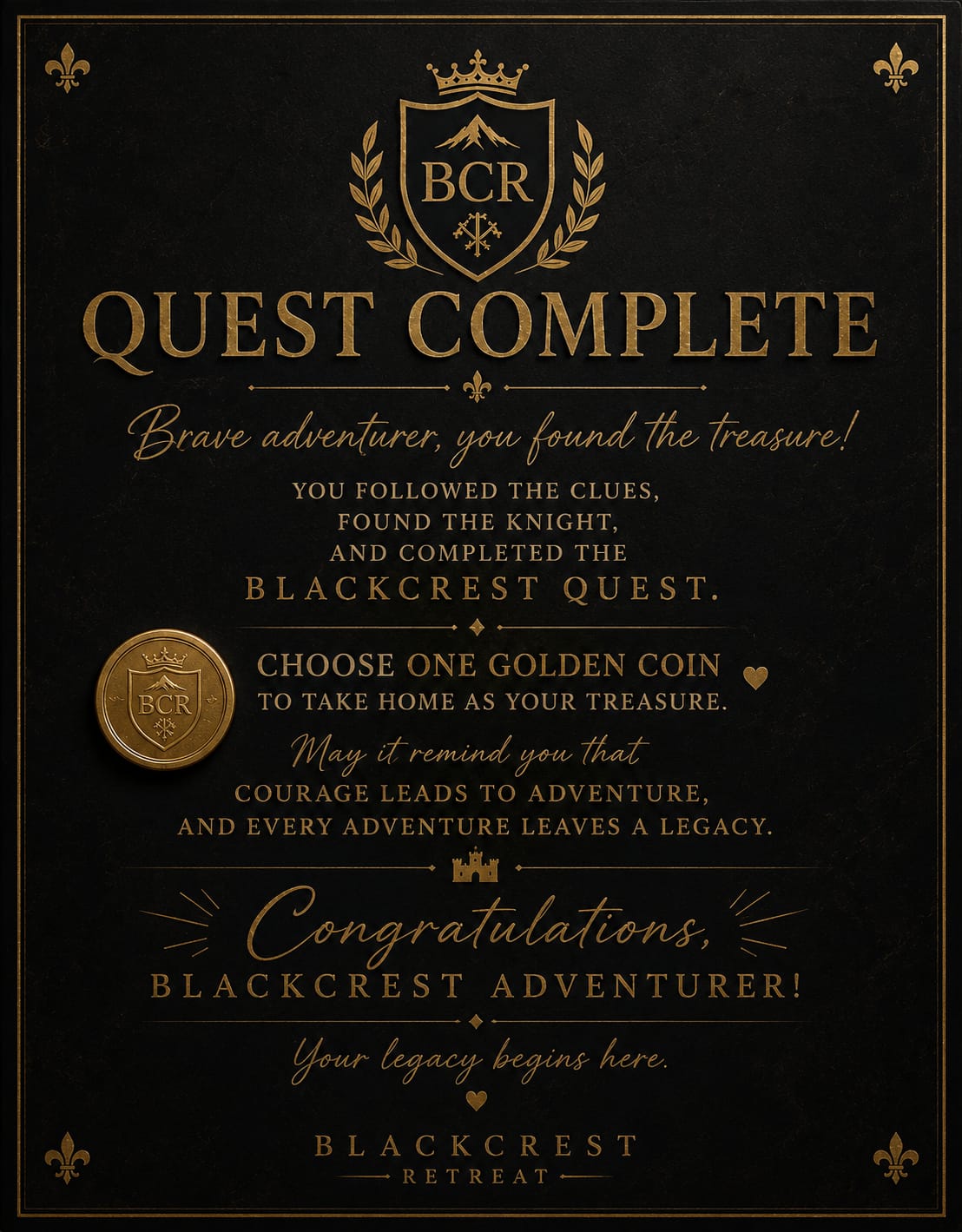 Blackcrest scavenger hunt "Quest Complete" treasure card