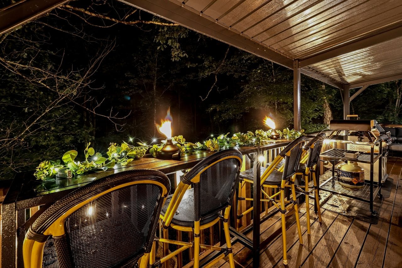 Upper deck bar and grill at night